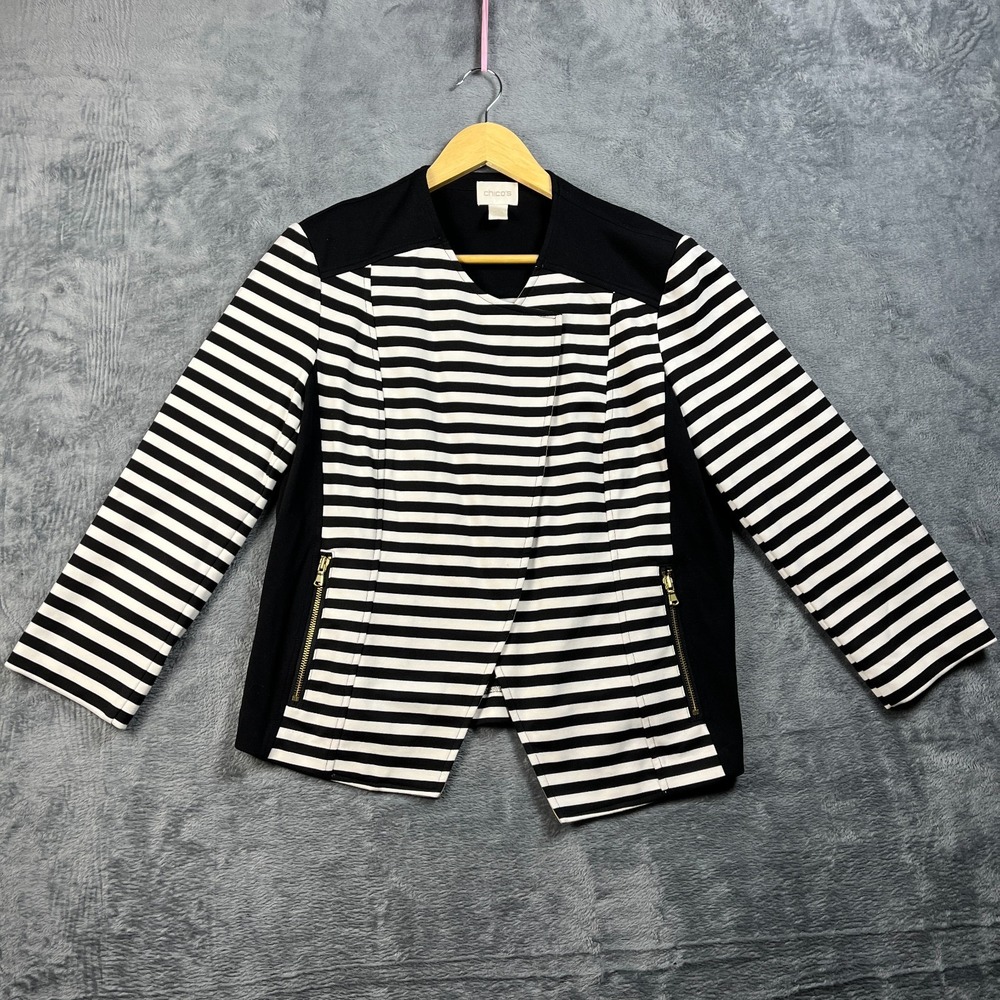 Chico's Moto Jacket Womens 2 Black White Striped Zip Pockets Open Front Winter
